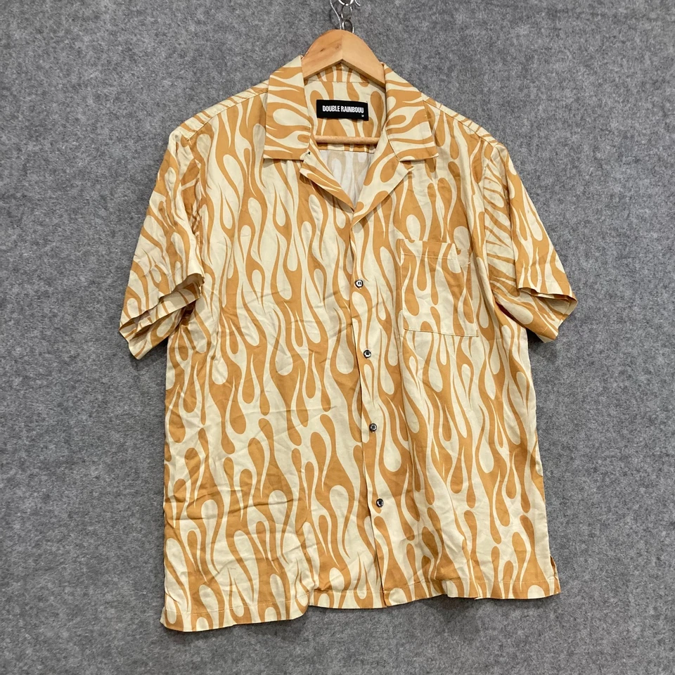 Double Rainbow Mens Shirt Size Medium Brown Flames Button Short Sleeve 43013 - Image 2 of 4