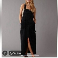 American Eagle Denim Overall Maxi Dress Size Small Cargo Pockets Minimalist 