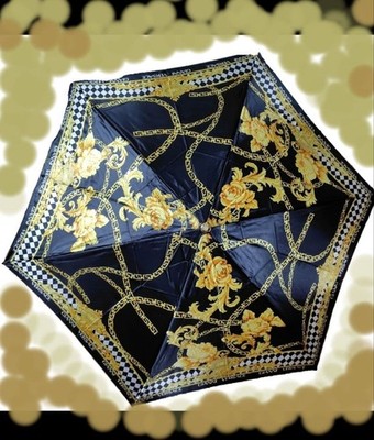 VERSACE Folding Umbrella Baroque/Greca Chain Print Checkered Black/Gold Rare