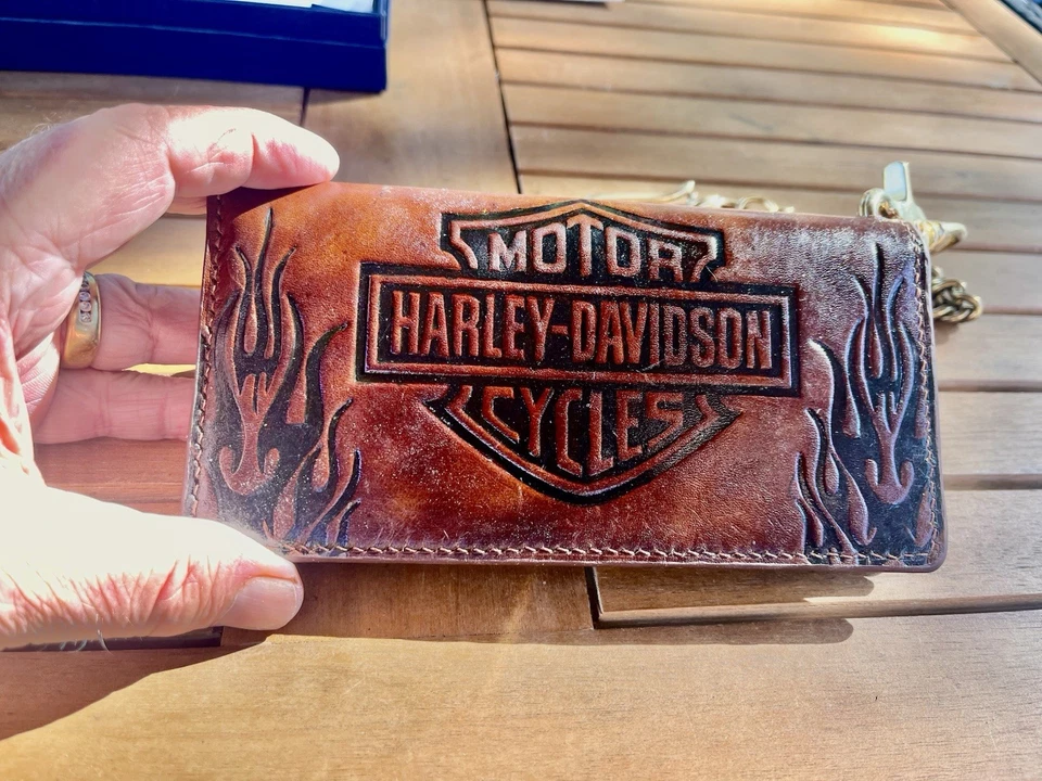 Harley Davidson Hombres Cartera Cadena Bordado Logo Motociclista Camionero Cuero Foto 2 de 4