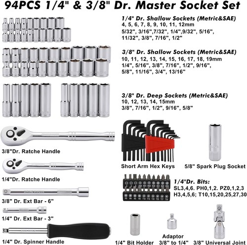 94-Piece Chrome Vanadium Socket Set with Ratchet & Extension Bars - SAE & Metric - Picture 5 of 9