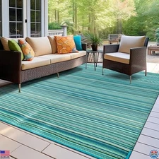 Rugshop 6' x 9' Blue Stripe Reversible Outdoor Rug - Waterproof, Eco-Friendly