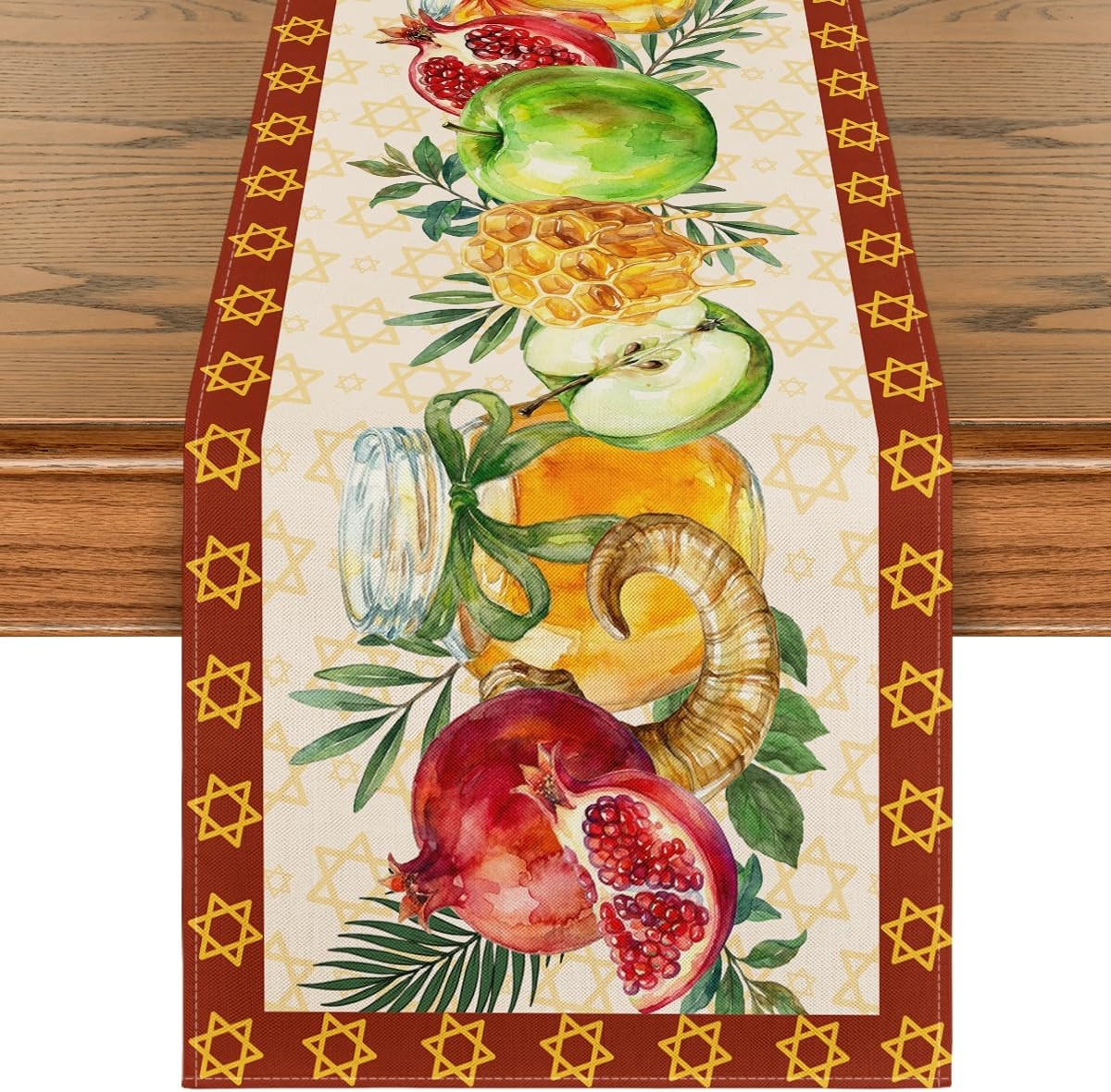 Shofar Green Apple Pomegranate Honey Rosh Hashanah Table Runner, Shana Tova Kitc