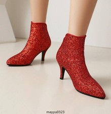 Ankle Boots High Heel Pointy Toe Casual Womens Zip Sequin Shoes Clubwear Plus Sz