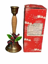 1984 Christmas Enesco Golden Brass Dinner Bell And Candle Holder Holly W Box VTG