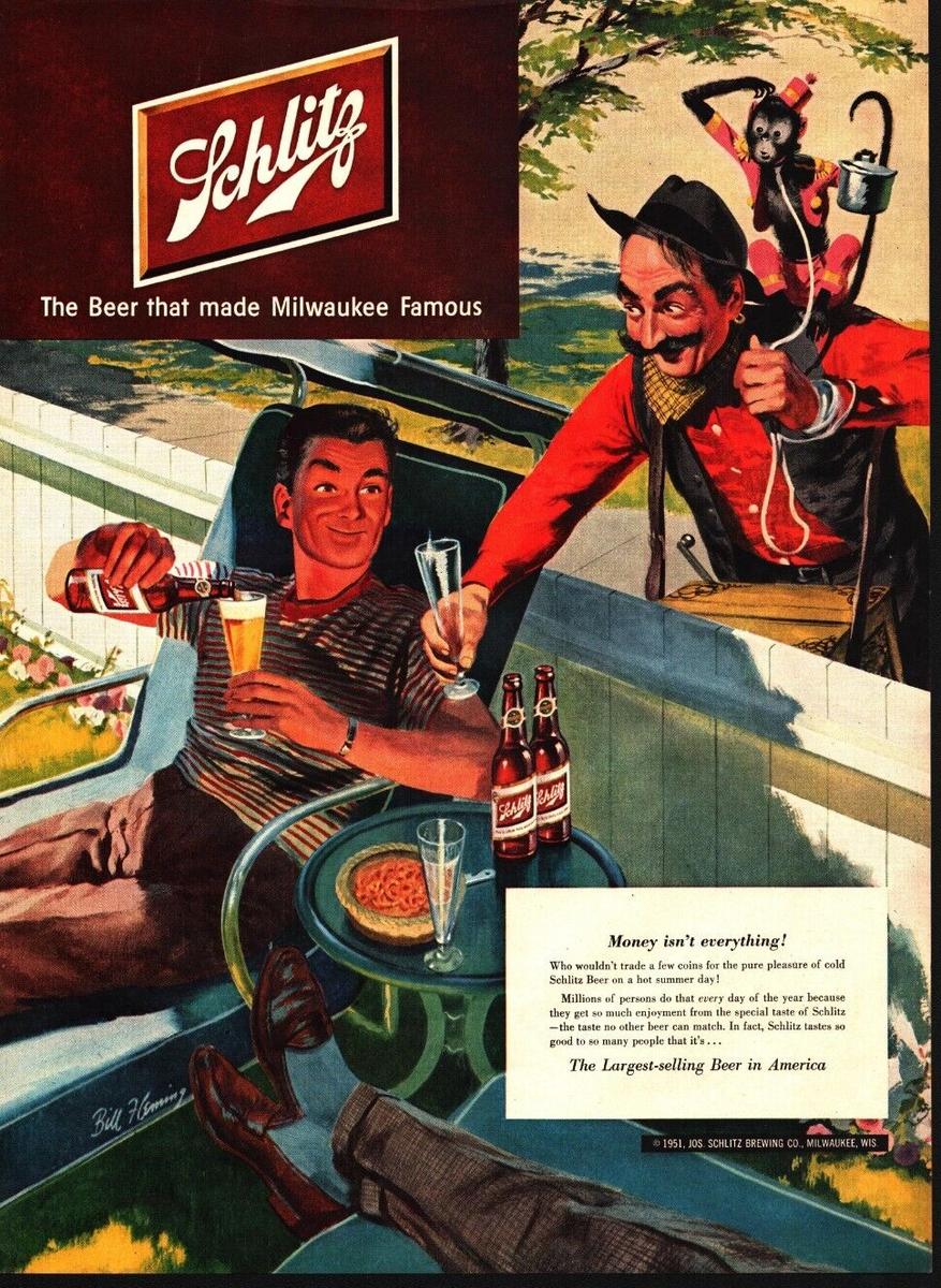 Vintage 1951 Schlitz Beer Print Ad Organ Grinder Monkey Brown