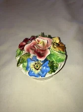 Vintage Round Trinket Dish With Lid And Raised Flowers 