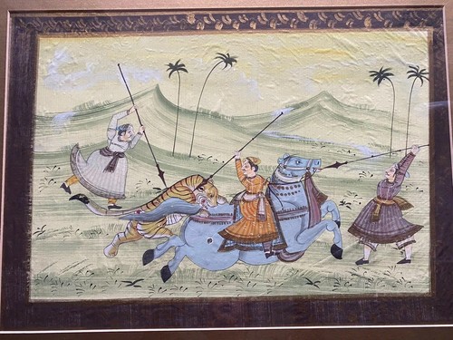 Persian Hunting Scenes Rajasthani Mughal Framed Silk Art Antique 19th Century - Picture 2 of 10