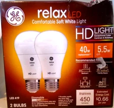 GE Relax LED Light Bulb 5.5W (40W) Soft White Dimmable HD Lamps (2 Bulbs) LEDA19