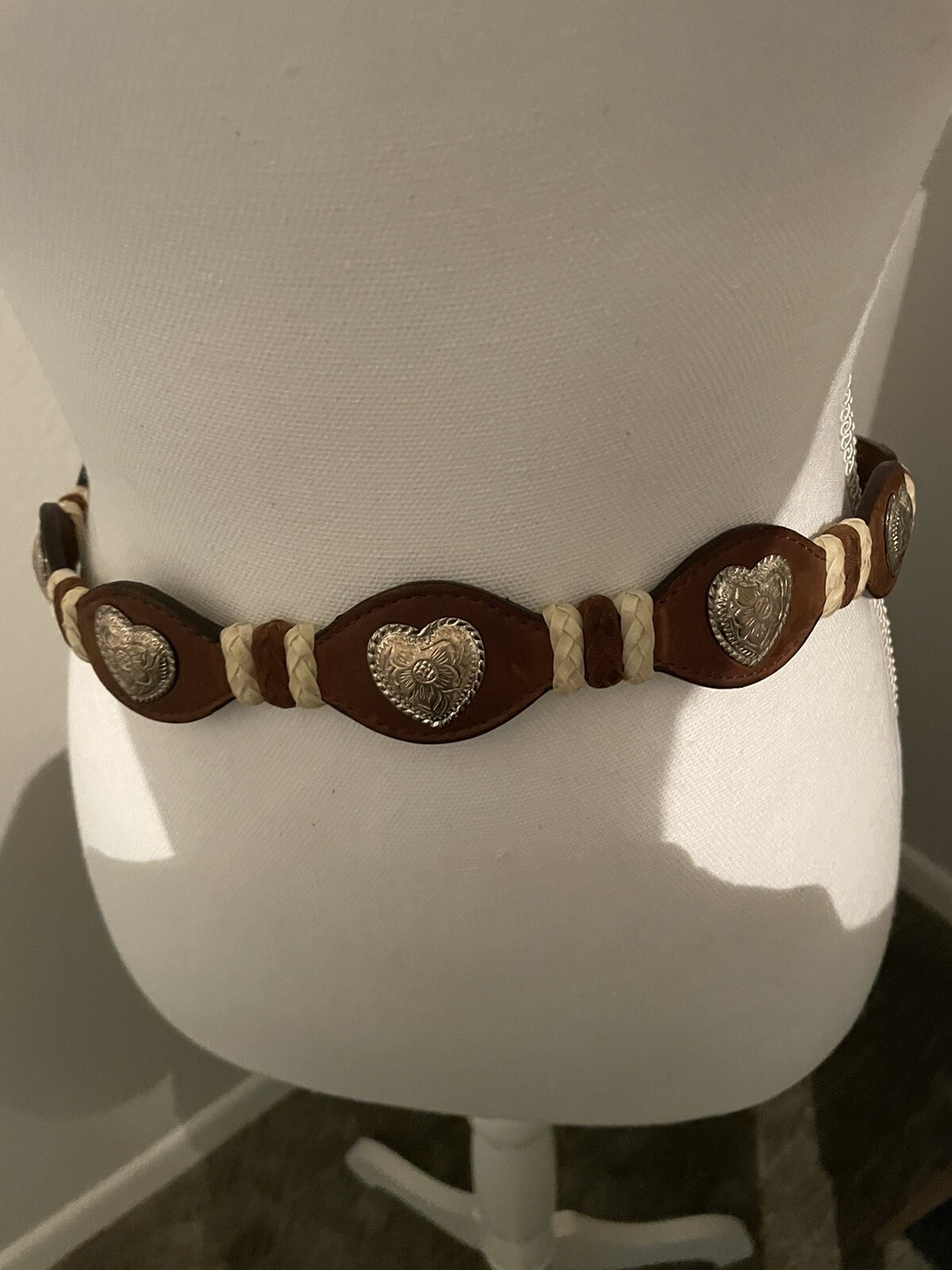 3D DDD Women's Brown Leather Belt Silver Tone Filigree Buckle & Hearts