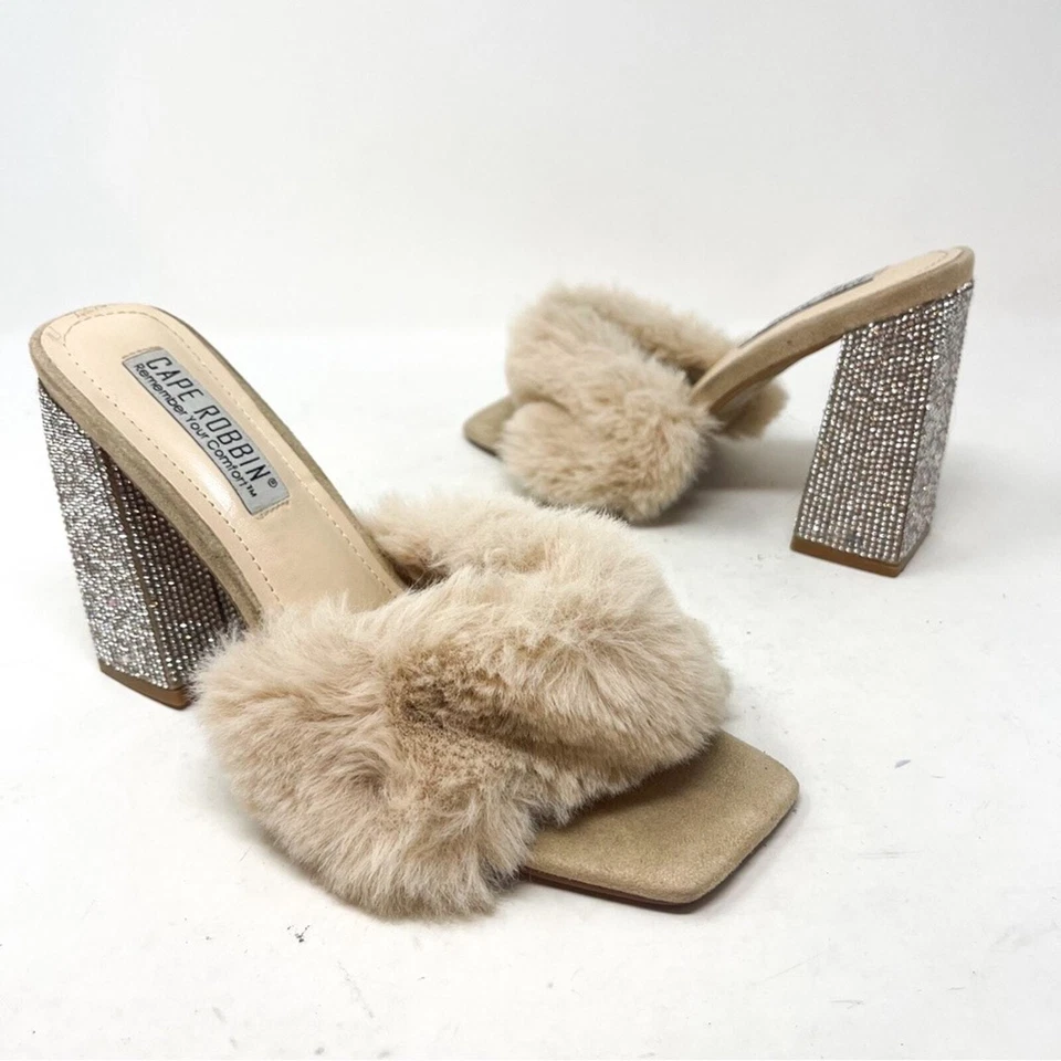 Cape Robbin Desnudo Estrás Bloque Tacón Piel Suave Tacones Altos Punta Abierta Talla 8.5 Foto 2 de 4