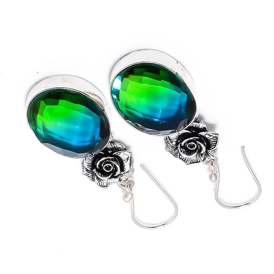 Bi Color Tourmaline Gemstone 925 Sterling Silver Handmade Jewelry Earrings 1.80" - Image 3 of 4