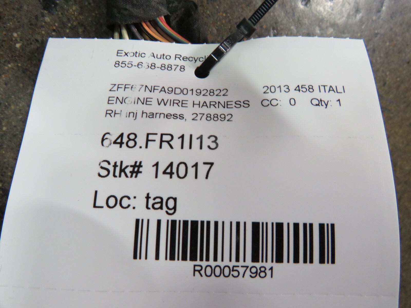 Ferrari 458 Italia, RH, Right, Engine Injection Wiring Harness, Used, P/N 278892