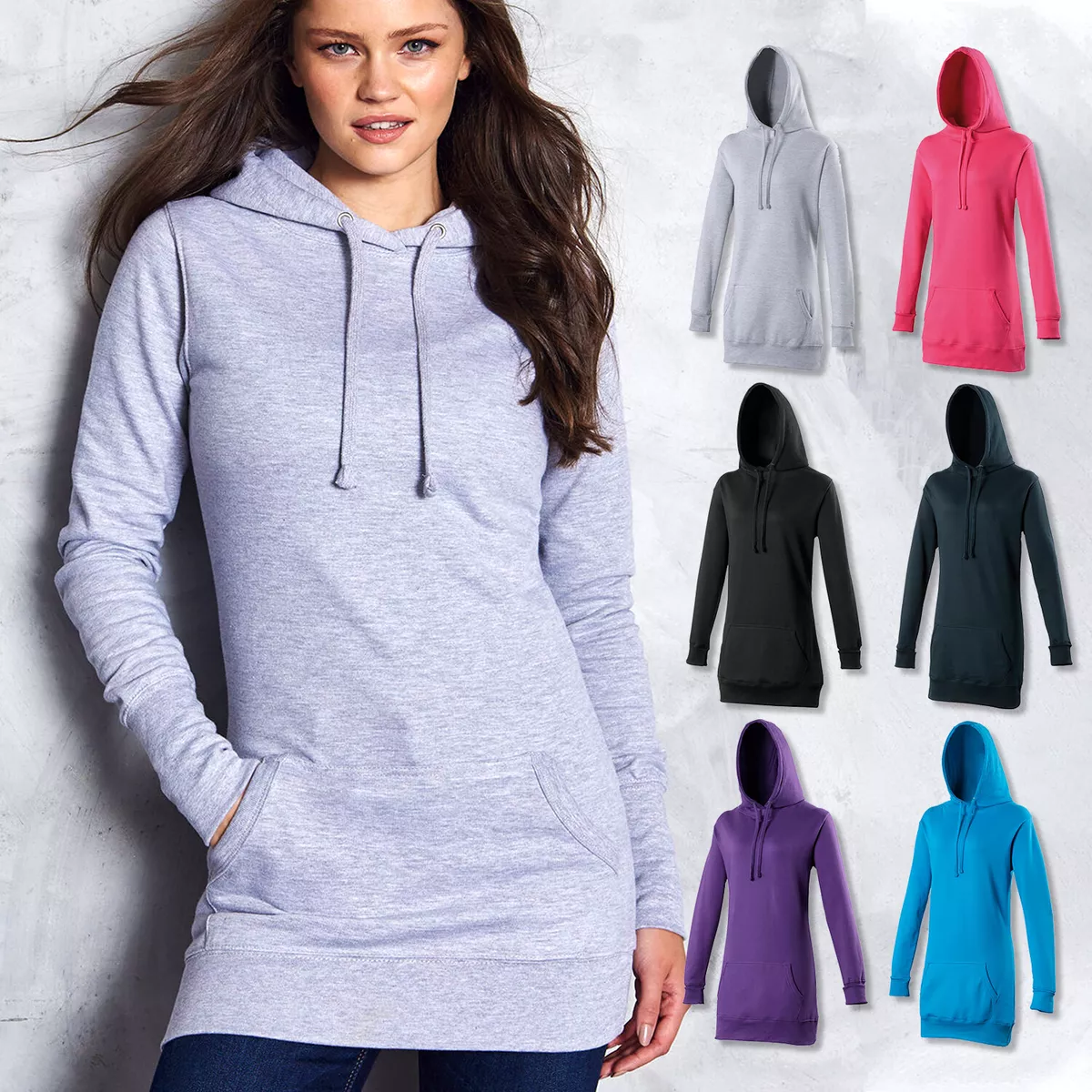 Womens Longline Hoodie Hooded Sweatshirt Pocket AWDis Ladies Long Line Body  Top