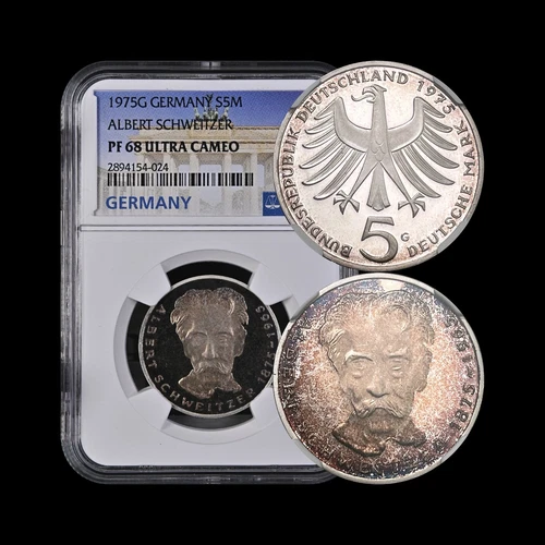 GERMANY. 1975, 5 Mark, Silver, G - NGC PF68 - Schweitzer 🌈 Toned