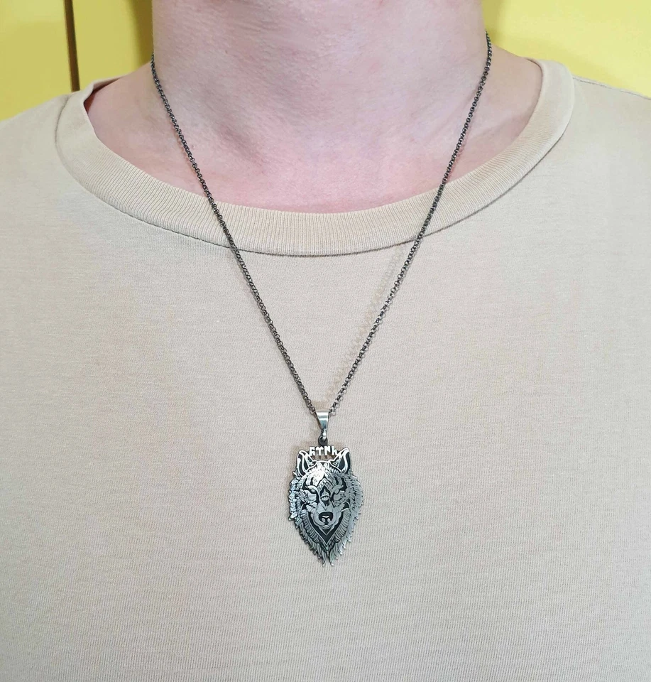 Solid 925 Sterling Silver Gokturk Turk Gray Wolf Men's Necklace - Image 2 of 2