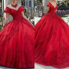 Red Tulle Quinceanera Dresses Ball Gown Beaded Lace Off Shoulder Sweet 15 16