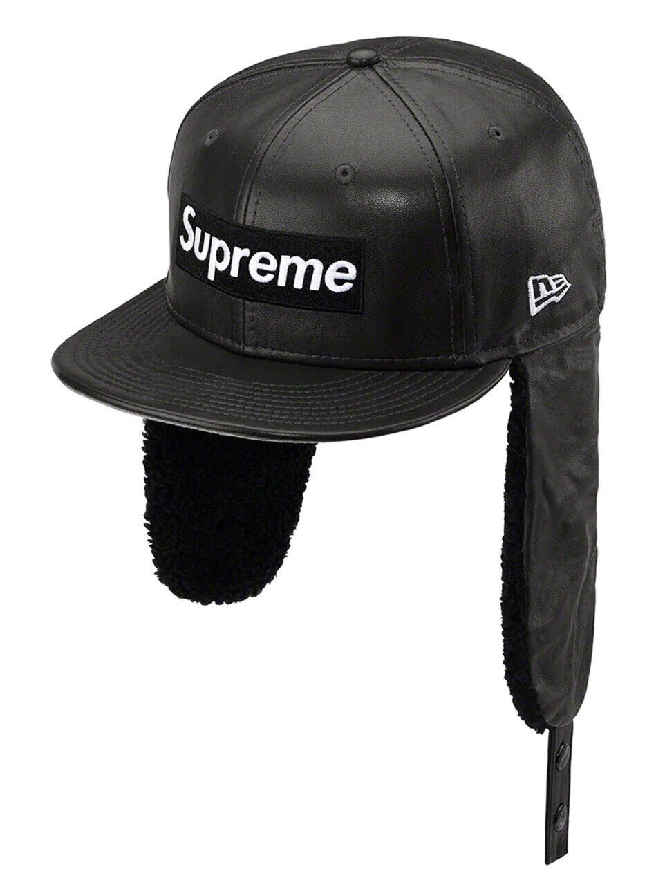 AUTHENTIC SUPREME x NEW ERA LEATHER EARFLAP BOX LOGO CAP BLACK 7 5/8 MENS  NEW