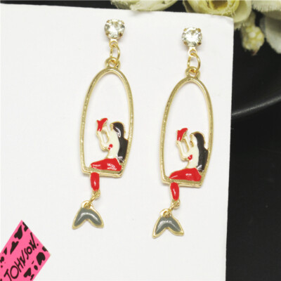 Hot Fashion Red Enamel Elegant Mermaid Crystal Women Stand Earring Gifts 