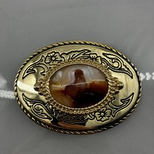 Vintage Belt Buckle Metal  Stone Western Cowboy Native American Style 3.5  x2.5"