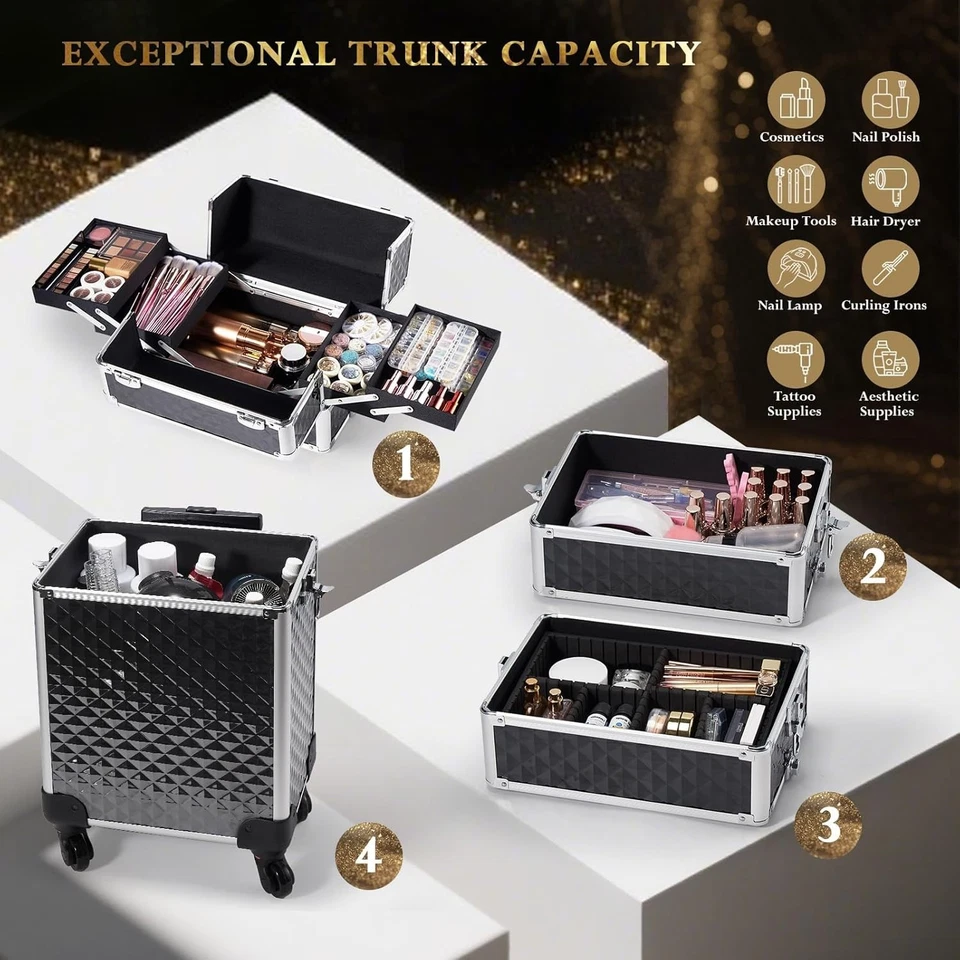 Portable Rolling Makeup Case with Key Lock - Black - Image 4 of 4