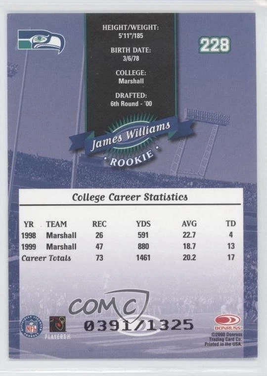 2000 Donruss Rookie /1325 James Williams #228 Rookie RC - Image 2 of 2