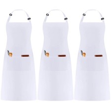 3 Pack White Chef Apron, Adjustable Bib Apron with 3 Pockets for Men Women, P...