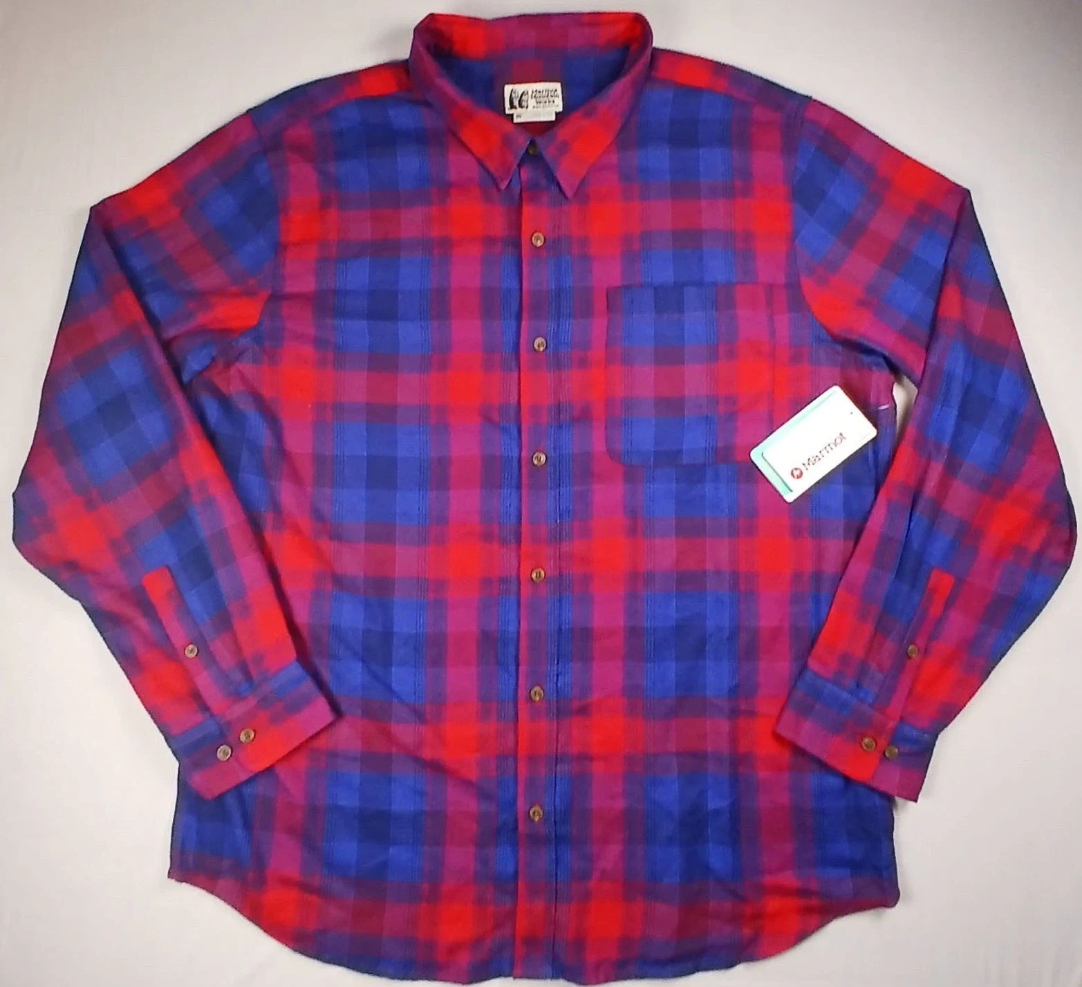 Marmot Mountain Works Shirt Mens XXL Blue-Red Plaid Flannel Outdoors Preppy NWT
