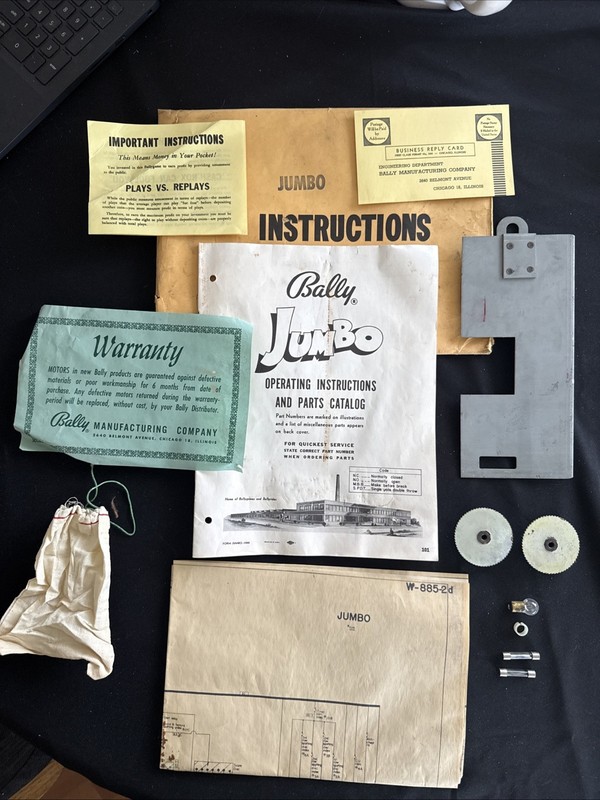 BALLY 1960 JUMBO MACHINE COIN OP ARCADE OPERATING MANUAL SCHEMATICS + EXTRAS