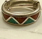 VINTAGE SILVER NAVAJO TRADITIONAL WEDDING BAND INLAID TURQUOISE & CORAL RING 8.5