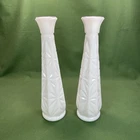 Pair Of 2 Vintage Hoosier White Starburst Pattern Milk Glass Bud Vase 9” Tall