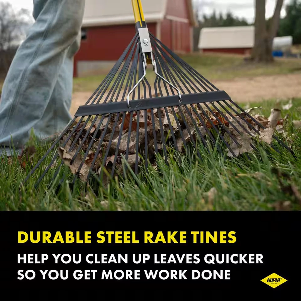 Resistente 54 pulgadas Rastrillo de hojas de 24 dientes con mango clásico de fibra de vidrio Foto 3 de 4