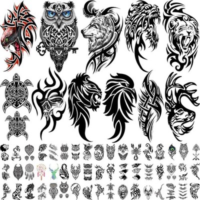 77pcs Tribal Water-Resistant Temporary Tattoos for Men & Women - Realistic Fa...