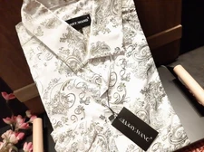 Barry Wang Gold Foil Paisley Dress Shirt Shiny Floral Button Down White/ Gold  S