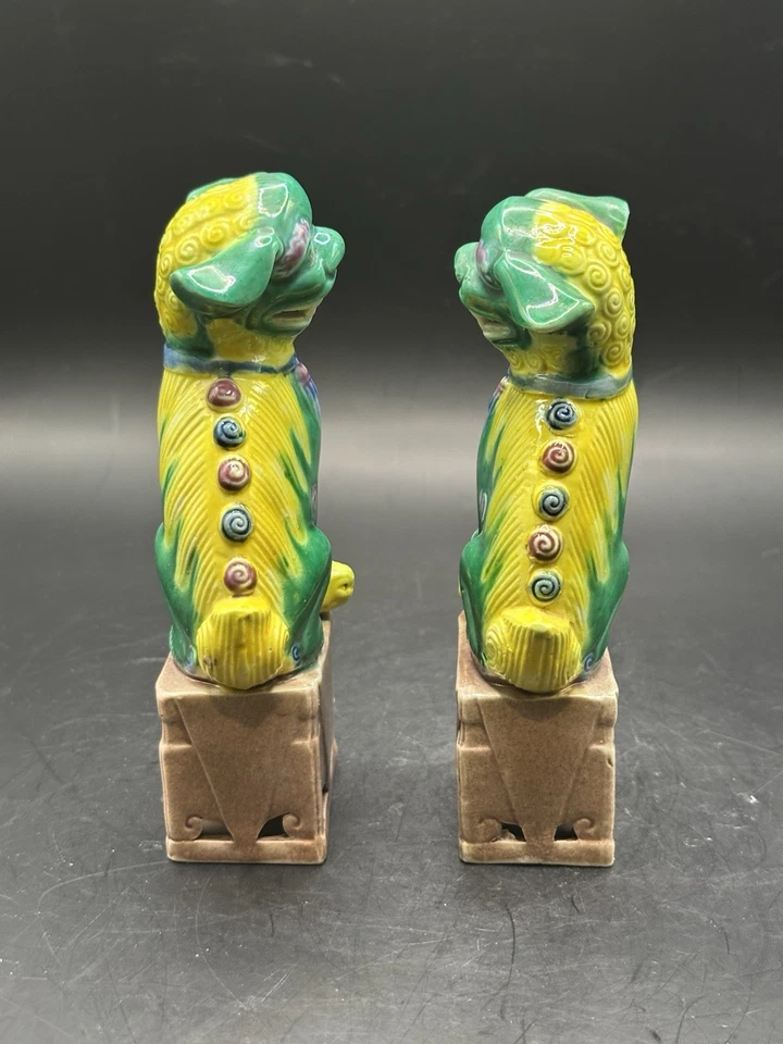 古董复古 Foo 狗雕像瓷制中国一对守护者绿色黄色 6 — 第 4/4 张图片