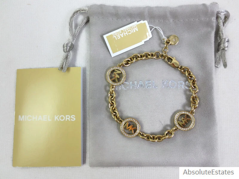 NEW $135 Michael Kors Gold Pave Crystal Fulton Chain Logo Bracelet 