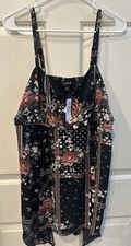 TORRID Black Floral Camisole w/Front 1/4 Zip-Handkerchief Hem-Sz 00-10 M/L -NWT