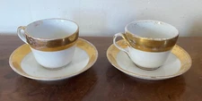 Pair Antique 19th c. French Old Paris Porcelain Tea Cups & Saucers White & Gold