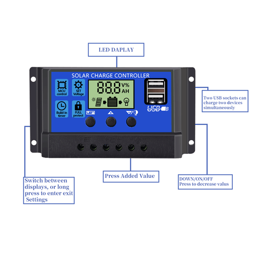 30A Solar Panel Battery Charge Controller 12V/24V LCD Regulator Auto Dual USB US - Picture 7 of 12