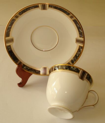Lenox Classic Modern Footed Cup &Saucer Black Marble Band Gold Trim Made in USA - Picture 2 of 7