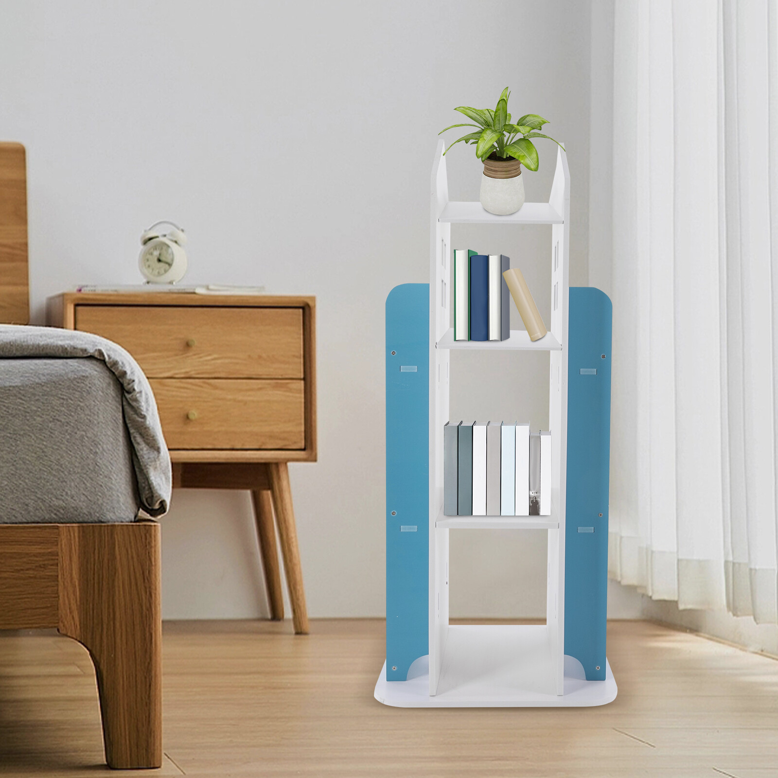 360° Rotating Blue 4-Tier Kids Bookshelf for Reading Corner
