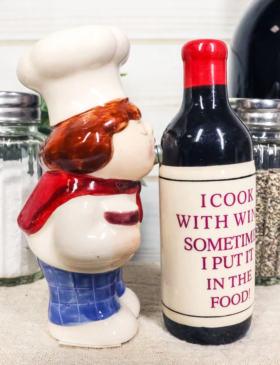 Italian Drunk Chef Kissing Wine Bottle Ceramic Salt Pepper Shakers