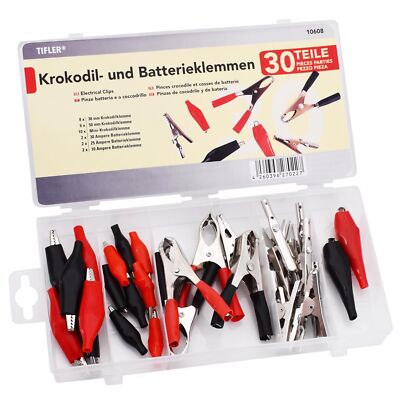 Tifler Krokodilklemmen, 30 Stück im Set, 6 Ausführungen, Batterie Krokoklemmen 