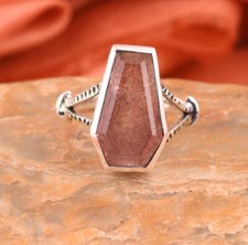 Silver Strawberry Quartz Texture Coffin Ring Antique Oxidised Handmade Jewelry