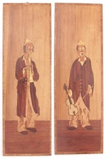 Vintage Pair Wood Inlaid Marquetry Picture Circus Clown Musical Instruments Art