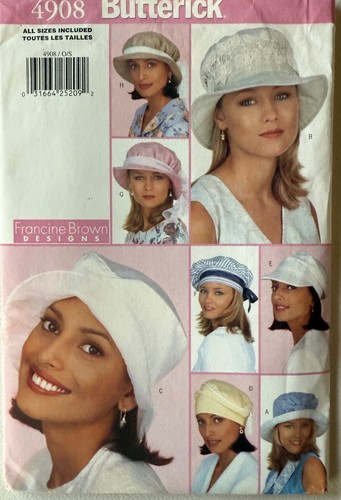 8 modische Damenmützen Butterick Muster 4908, Größen: 21 1/2” - 23 1/2” UNGESCHNITTEN