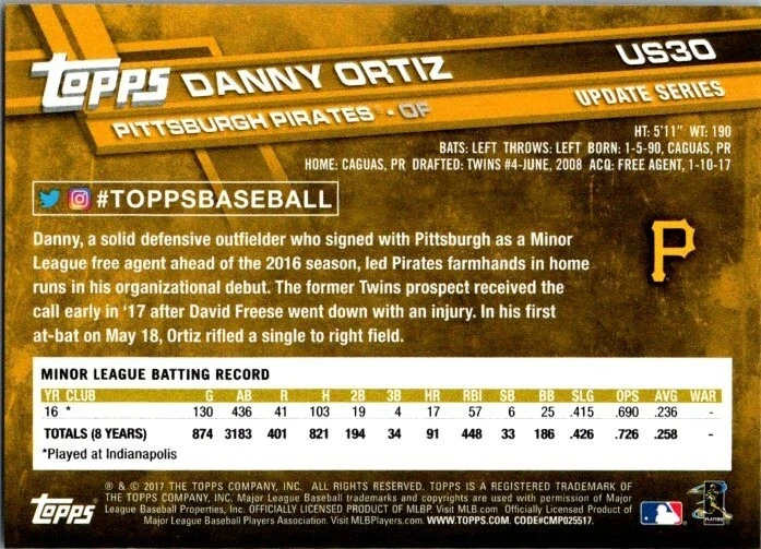 2017 Topps Update Series - Danny Ortiz #US30 (RC) - Image 2 of 2
