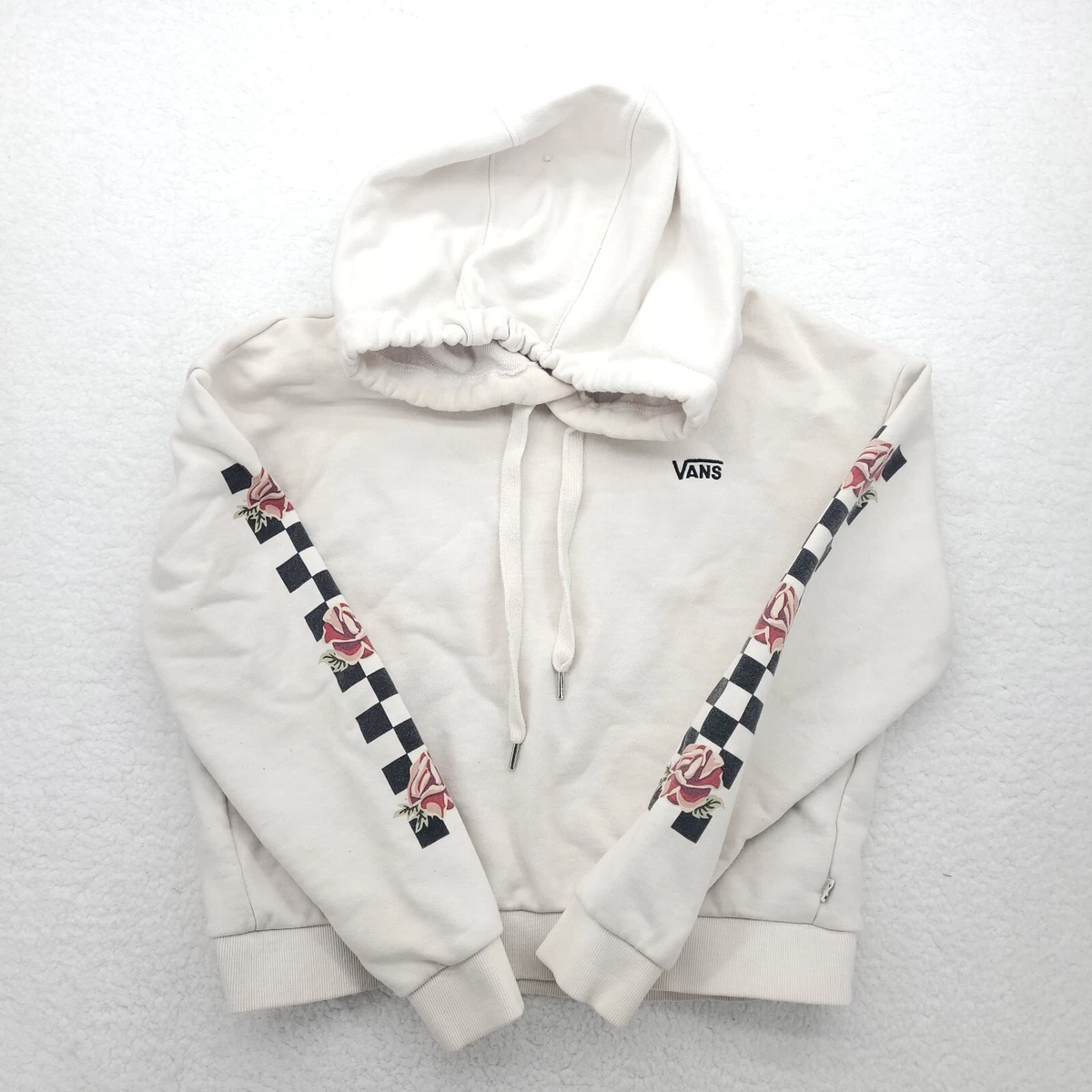 VANS Womens Sweater Small Off White Spell Out Cotton Hooded Casual