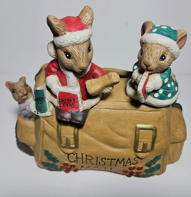 90s Vintage Christmas Mice Mail Card Holder Ceramic Transfar Int'l Corp USED