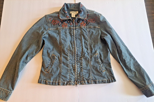 Coldwater Creek Denim Jacket, Sz. 8, Embrodiery, Sequin, Bead, Pockets, Zipper